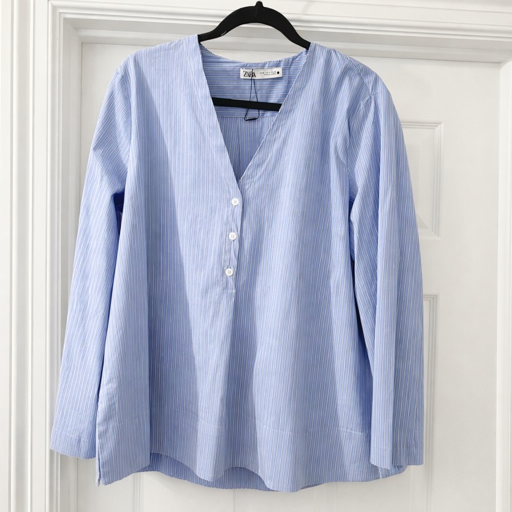 Zara Blue & White Pinstripe Oversized V-Neck Wide Sleeve Blouse Medium